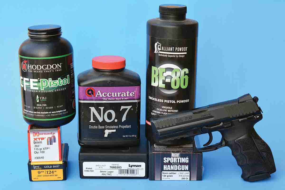 Powders and bullets were carefully mated in developing 9mm Luger handloads to achieve accuracy, performance and reliability.